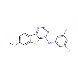 COc1ccc2c(c1)sc1c(Nc3cc(Cl)cc(Cl)c3)ncnc12 ZINC000095593408