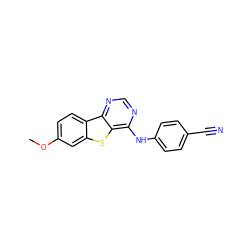 COc1ccc2c(c1)sc1c(Nc3ccc(C#N)cc3)ncnc12 ZINC000095596120