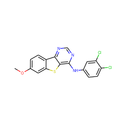 COc1ccc2c(c1)sc1c(Nc3ccc(Cl)c(Cl)c3)ncnc12 ZINC000095594899