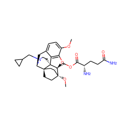 COc1ccc2c3c1O[C@@H]1[C@]34CCN(CC3CC3)[C@H](C2)[C@]42CC[C@@]1(OC)[C@@H](COC(=O)[C@@H](N)CCC(N)=O)C2 ZINC000114755699