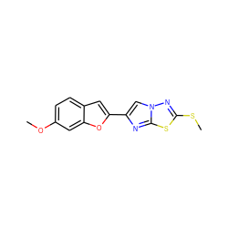 COc1ccc2cc(-c3cn4nc(SC)sc4n3)oc2c1 ZINC000143873206