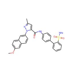 COc1ccc2cc(-n3nc(C)cc3C(=O)Nc3ccc(-c4ccccc4S(N)(=O)=O)cc3)ccc2c1 ZINC000013442886