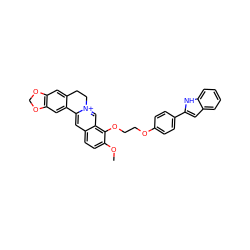 COc1ccc2cc3[n+](cc2c1OCCOc1ccc(-c2cc4ccccc4[nH]2)cc1)CCc1cc2c(cc1-3)OCO2 ZINC000084616780