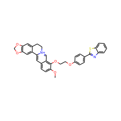 COc1ccc2cc3[n+](cc2c1OCCOc1ccc(-c2nc4ccccc4s2)cc1)CCc1cc2c(cc1-3)OCO2 ZINC000084619778