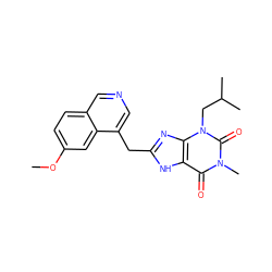 COc1ccc2cncc(Cc3nc4c([nH]3)c(=O)n(C)c(=O)n4CC(C)C)c2c1 ZINC000000593196