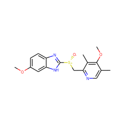 COc1ccc2nc([S@+]([O-])Cc3ncc(C)c(OC)c3C)[nH]c2c1 ZINC000004693574