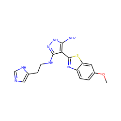 COc1ccc2nc(-c3c(NCCc4cnc[nH]4)n[nH]c3N)sc2c1 ZINC000114400669