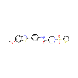 COc1ccc2nc(-c3ccc(NC(=O)C4CCN(S(=O)(=O)c5cccs5)CC4)cc3)sc2c1 ZINC000040861174