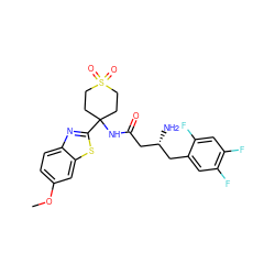 COc1ccc2nc(C3(NC(=O)C[C@H](N)Cc4cc(F)c(F)cc4F)CCS(=O)(=O)CC3)sc2c1 ZINC000044416786