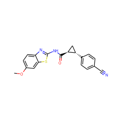 COc1ccc2nc(NC(=O)[C@H]3C[C@@H]3c3ccc(C#N)cc3)sc2c1 ZINC000103294164