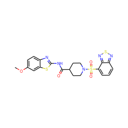 COc1ccc2nc(NC(=O)C3CCN(S(=O)(=O)c4cccc5nsnc45)CC3)sc2c1 ZINC000004101477