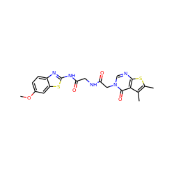 COc1ccc2nc(NC(=O)CNC(=O)Cn3cnc4sc(C)c(C)c4c3=O)sc2c1 ZINC000034138901