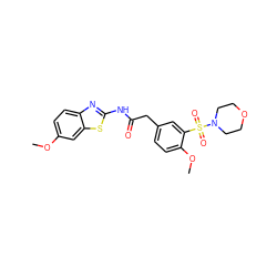 COc1ccc2nc(NC(=O)Cc3ccc(OC)c(S(=O)(=O)N4CCOCC4)c3)sc2c1 ZINC000002618099