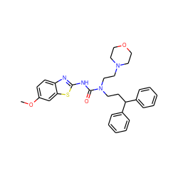 COc1ccc2nc(NC(=O)N(CCC(c3ccccc3)c3ccccc3)CCN3CCOCC3)sc2c1 ZINC000096258266
