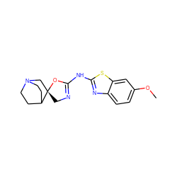 COc1ccc2nc(NC3=NC[C@@]4(CN5CCC4CC5)O3)sc2c1 ZINC000114087520