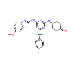 COc1ccc2nc(Nc3cc(C(F)(F)c4ccc(F)cc4)nc(N[C@H]4CC[C@H](O)CC4)n3)sc2c1 ZINC000261189920