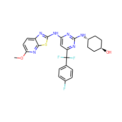 COc1ccc2nc(Nc3cc(C(F)(F)c4ccc(F)cc4)nc(N[C@H]4CC[C@H](O)CC4)n3)sc2n1 ZINC000261152303