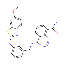 COc1ccc2nc(Nc3cccc(CNc4ncnc5c(C(N)=O)cccc45)c3)sc2c1 ZINC000114347078