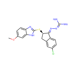 COc1ccc2nc(S[C@@H]3Cc4cc(Cl)ccc4/C3=N\N=C(N)N)[nH]c2c1 ZINC000043016549