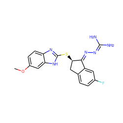 COc1ccc2nc(S[C@@H]3Cc4ccc(F)cc4/C3=N\N=C(N)N)[nH]c2c1 ZINC000043019157