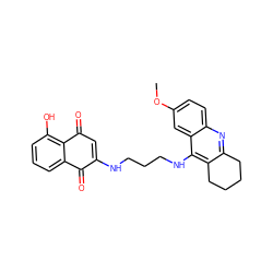 COc1ccc2nc3c(c(NCCCNC4=CC(=O)c5c(O)cccc5C4=O)c2c1)CCCC3 ZINC000299821044