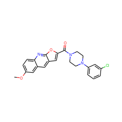 COc1ccc2nc3oc(C(=O)N4CCN(c5cccc(Cl)c5)CC4)cc3cc2c1 ZINC000004056333