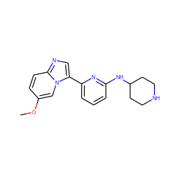 COc1ccc2ncc(-c3cccc(NC4CCNCC4)n3)n2c1 ZINC000029045247