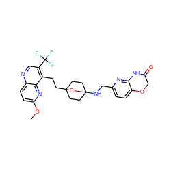 COc1ccc2ncc(C(F)(F)F)c(CCC34CCC(NCc5ccc6c(n5)NC(=O)CO6)(CC3)CO4)c2n1 ZINC000299864186