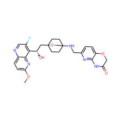 COc1ccc2ncc(F)c([C@@H](O)CC34CCC(NCc5ccc6c(n5)NC(=O)CO6)(CC3)CO4)c2n1 ZINC000149152947