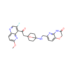 COc1ccc2ncc(F)c(C(=O)CC34CCC(NCc5ccc6c(n5)NC(=O)CO6)(CC3)CO4)c2n1 ZINC000653777773