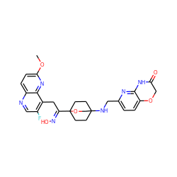 COc1ccc2ncc(F)c(C/C(=N\O)C34CCC(NCc5ccc6c(n5)NC(=O)CO6)(CC3)CO4)c2n1 ZINC000149190243