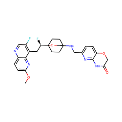 COc1ccc2ncc(F)c(C[C@@H](F)C34CCC(NCc5ccc6c(n5)NC(=O)CO6)(CC3)CO4)c2n1 ZINC000149168756