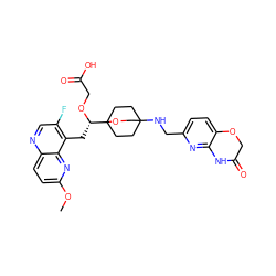 COc1ccc2ncc(F)c(C[C@H](OCC(=O)O)C34CCC(NCc5ccc6c(n5)NC(=O)CO6)(CC3)CO4)c2n1 ZINC000653775543