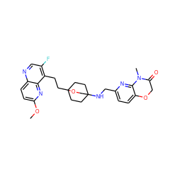 COc1ccc2ncc(F)c(CCC34CCC(NCc5ccc6c(n5)N(C)C(=O)CO6)(CC3)CO4)c2n1 ZINC000149177831