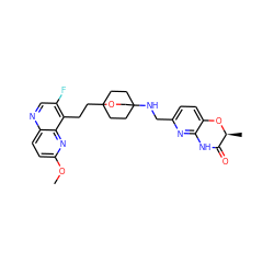 COc1ccc2ncc(F)c(CCC34CCC(NCc5ccc6c(n5)NC(=O)[C@H](C)O6)(CC3)CO4)c2n1 ZINC000149240861