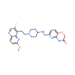 COc1ccc2ncc(F)c(CCN3CCC(NCc4ccc5c(n4)NC(=O)CO5)CC3)c2n1 ZINC000038433141