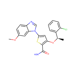 COc1ccc2ncn(-c3cc(O[C@H](C)c4ccccc4Cl)c(C(N)=O)s3)c2c1 ZINC000040429203