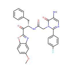 COc1ccc2oc(C(=O)[C@H](Cc3ccccc3)NC(=O)Cn3c(-c4ccc(F)cc4)ncc(N)c3=O)nc2c1 ZINC000028755517