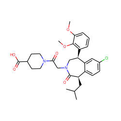 COc1cccc([C@@H]2CN(CC(=O)N3CCC(C(=O)O)CC3)C(=O)[C@H](CC(C)C)c3ccc(Cl)cc32)c1OC ZINC000071319364