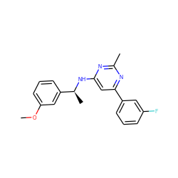 COc1cccc([C@H](C)Nc2cc(-c3cccc(F)c3)nc(C)n2)c1 ZINC000205343041