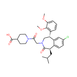 COc1cccc([C@H]2CN(CC(=O)N3CCC(C(=O)O)CC3)C(=O)[C@H](CC(C)C)c3ccc(Cl)cc32)c1OC ZINC000071329622