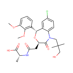 COc1cccc([C@H]2O[C@H](CC(=O)N[C@H](C)C(=O)O)C(=O)N(CC(C)(C)CO)c3ccc(Cl)cc32)c1OC ZINC000027523280
