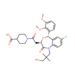 COc1cccc([C@H]2O[C@H](CC(=O)N3CCC(C(=O)O)CC3)C(=O)N(CC(C)(C)CO)c3ccc(Cl)cc32)c1OC ZINC000027523040