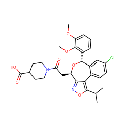 COc1cccc([C@H]2O[C@H](CC(=O)N3CCC(C(=O)O)CC3)c3noc(C(C)C)c3-c3ccc(Cl)cc32)c1OC ZINC000043178109