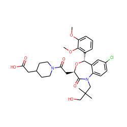 COc1cccc([C@H]2O[C@H](CC(=O)N3CCC(CC(=O)O)CC3)C(=O)N(CC(C)(C)CO)c3ccc(Cl)cc32)c1OC ZINC000003926380