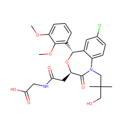 COc1cccc([C@H]2O[C@H](CC(=O)NCC(=O)O)C(=O)N(CC(C)(C)CO)c3ccc(Cl)cc32)c1OC ZINC000027522092