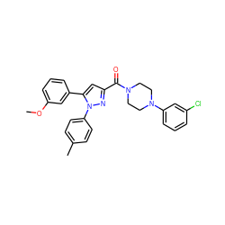 COc1cccc(-c2cc(C(=O)N3CCN(c4cccc(Cl)c4)CC3)nn2-c2ccc(C)cc2)c1 ZINC000040915916