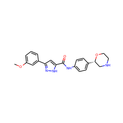 COc1cccc(-c2cc(C(=O)Nc3ccc([C@H]4CNCCO4)cc3)[nH]n2)c1 ZINC000150162183