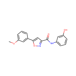 COc1cccc(-c2cc(C(=O)Nc3cccc(O)c3)no2)c1 ZINC000000423696