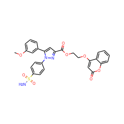 COc1cccc(-c2cc(C(=O)OCCOc3cc(=O)oc4ccccc34)nn2-c2ccc(S(N)(=O)=O)cc2)c1 ZINC001772580686